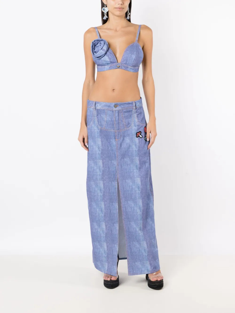 Patch-Detail Denim Midi Skirt