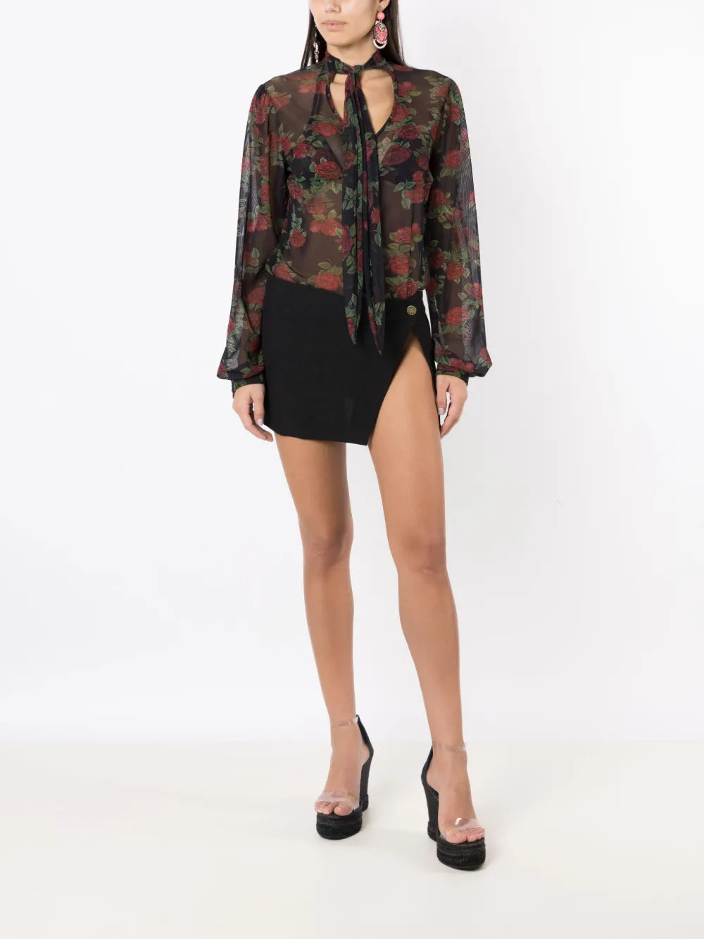 Sheer-Finish Floral-Pattern Blouse