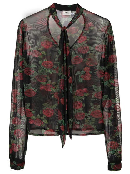 Sheer-Finish Floral-Pattern Blouse