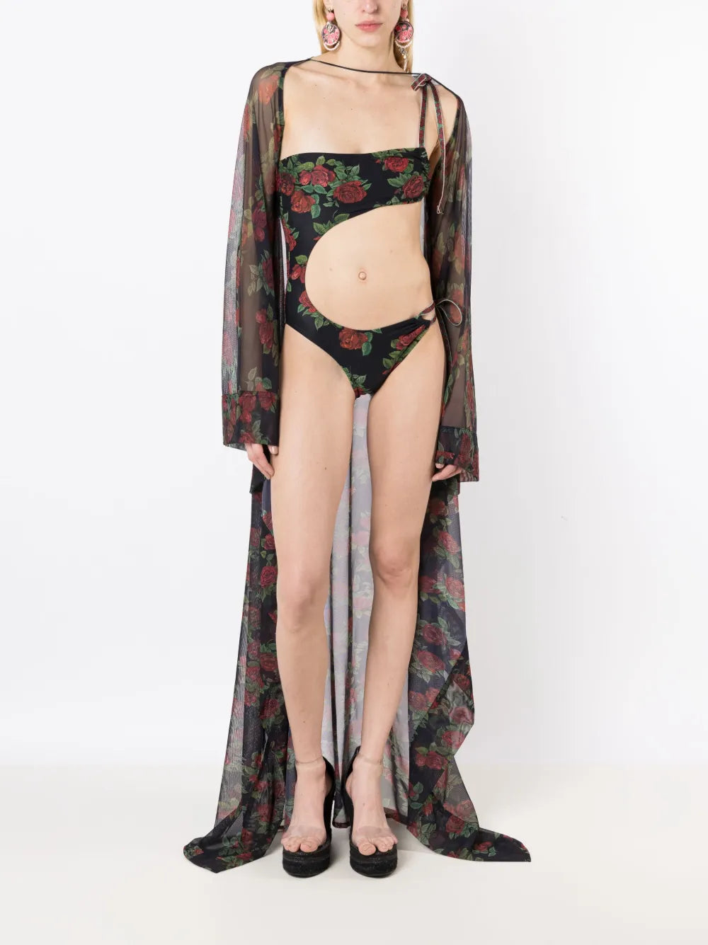 Sheer Rose-Pattern Kaftan