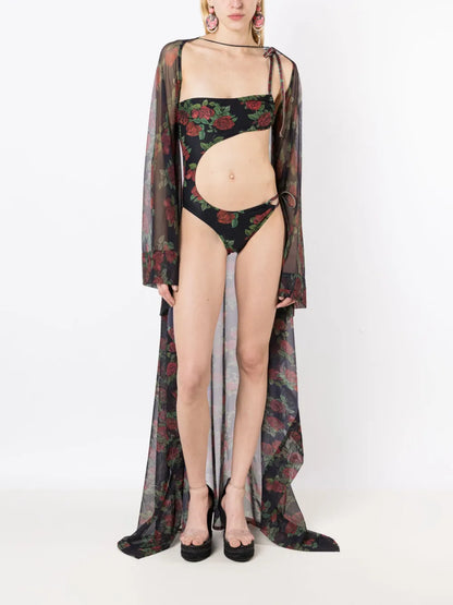 Sheer Rose-Pattern Kaftan