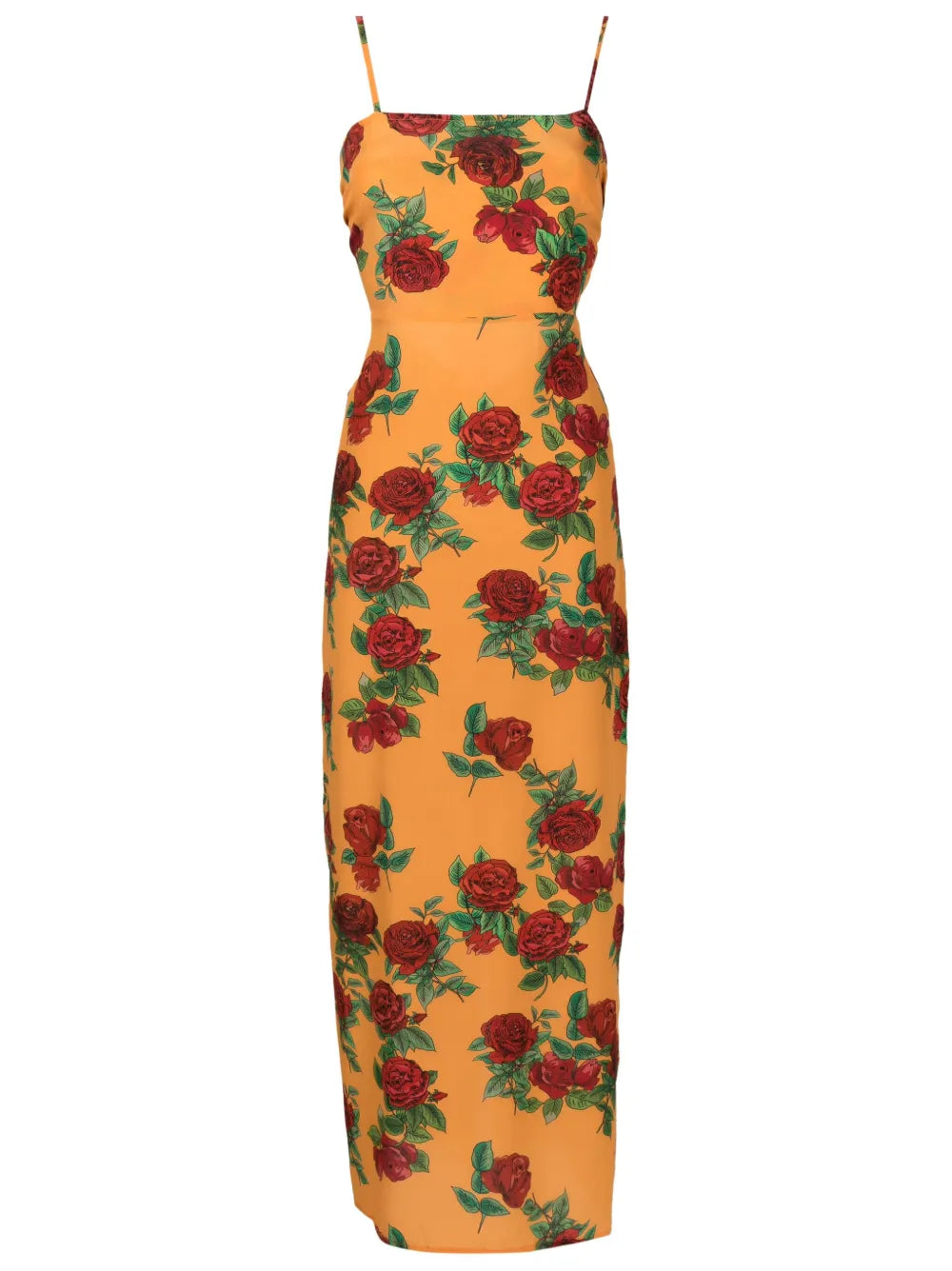 Rose-Pattern Silk Midi Dress