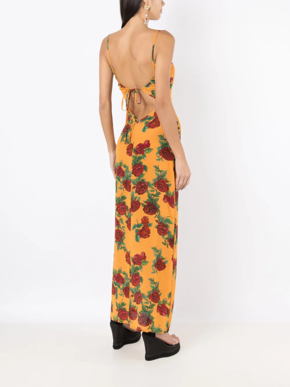 Rose-Pattern Silk Midi Dress