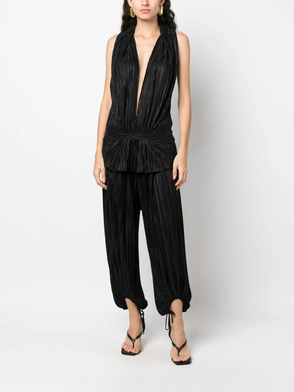 Metallic-Effect Pleated Cropped Trousers
