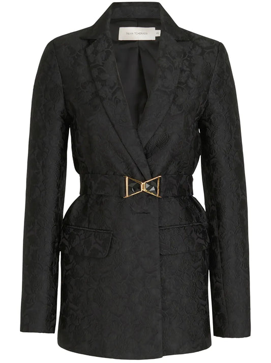 Cuneo Floral-Jacquard Belted Blazer