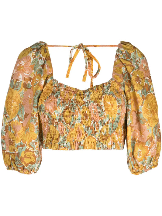 Alejandra Floral-Print Linen Crop Top