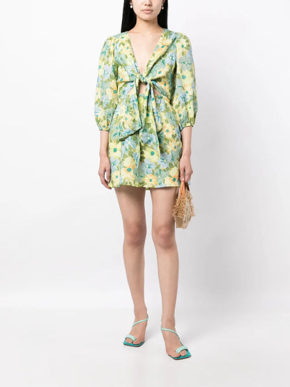 Cintare Floral-Print Linen Minidress