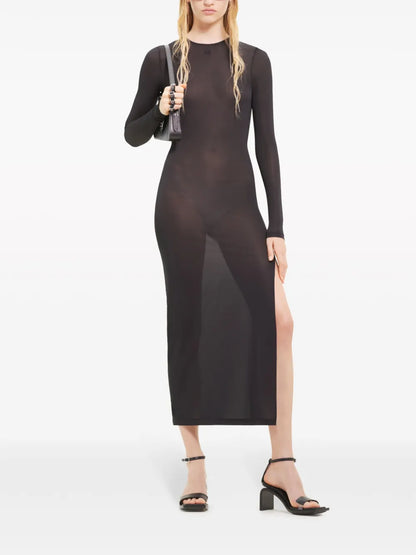 Semi-Sheer Open-Back Midi Dress