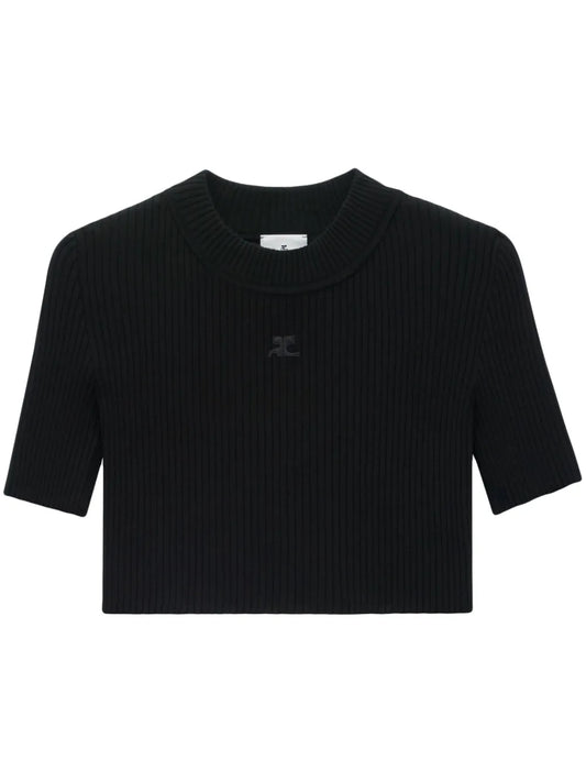 Cropped Ribbed-Knit T-Shirt