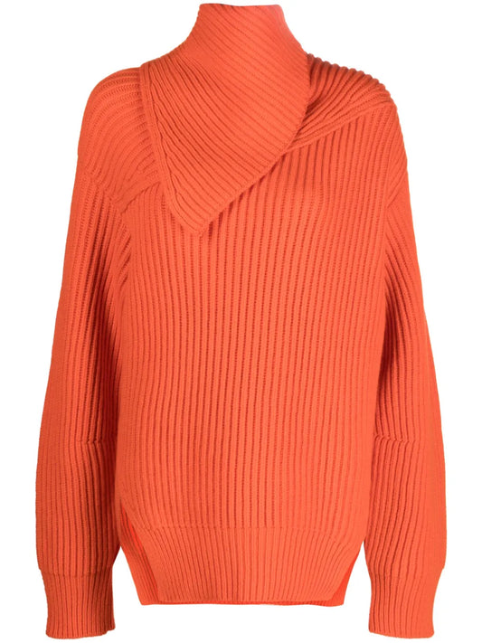 Foldover-Neck Ribbed Wool Jumper