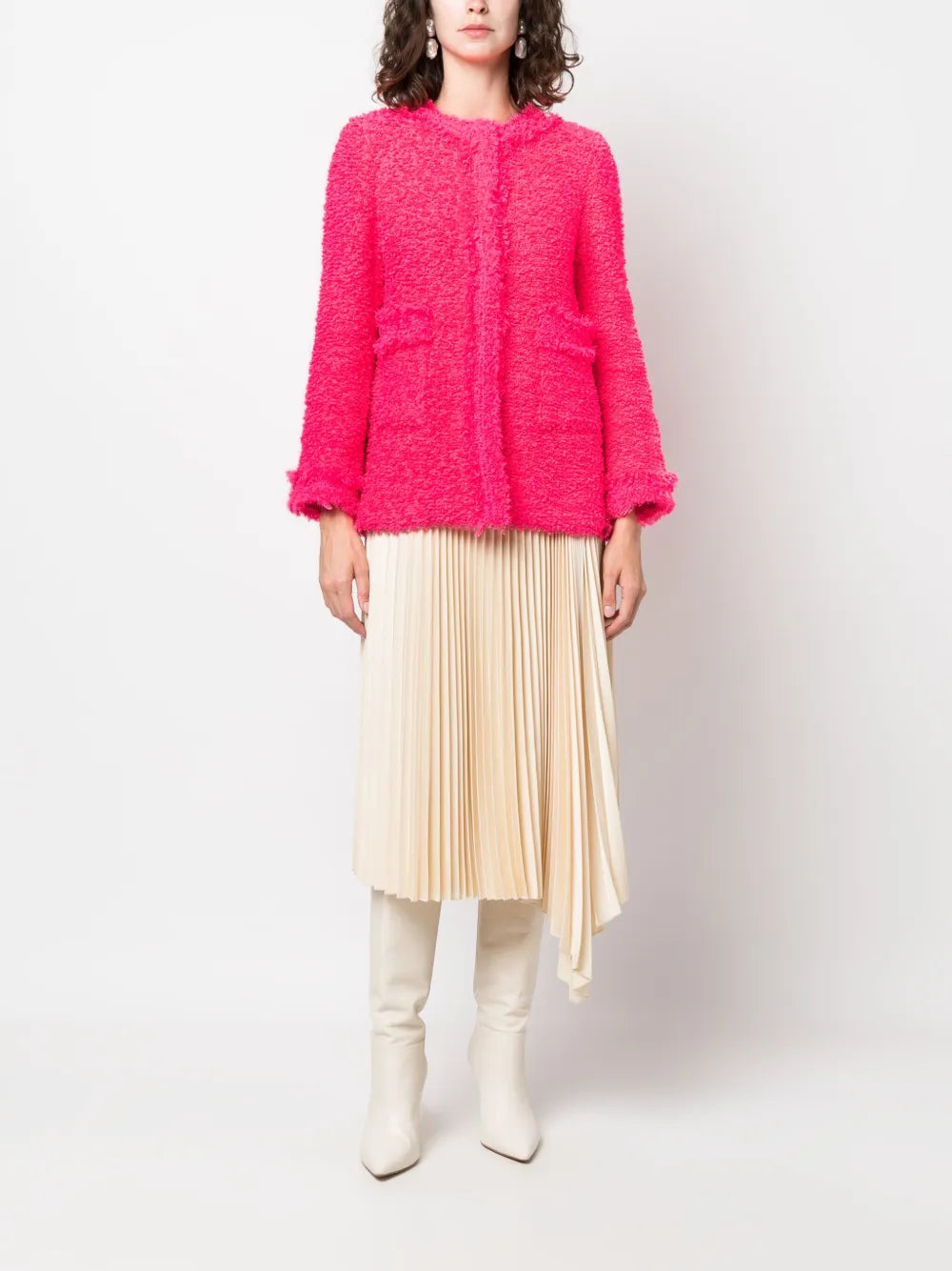 Round-Neck Frayed Tweed Jacket