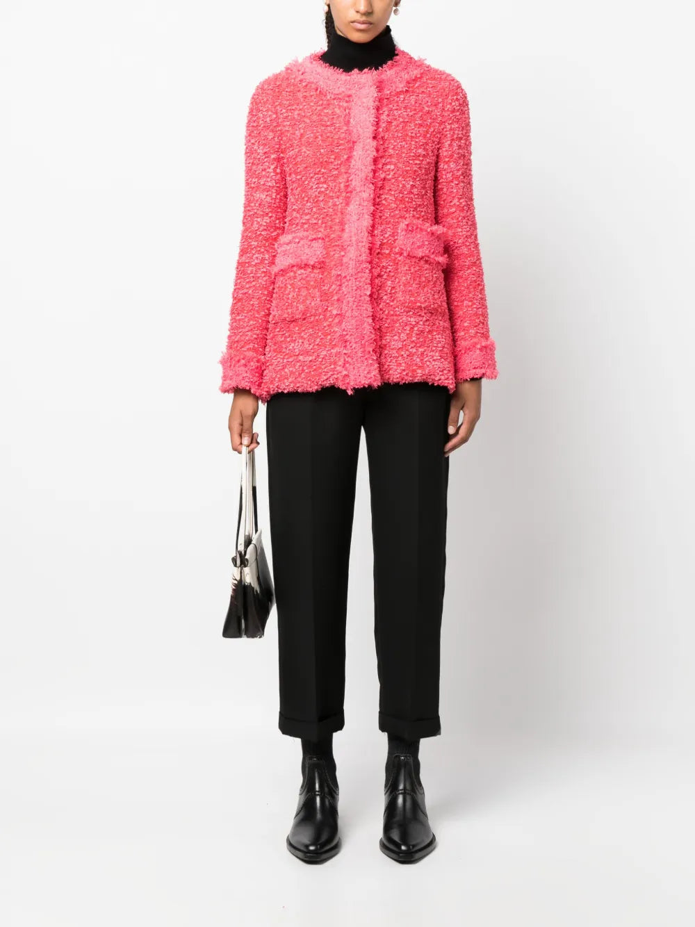 Round-Neck Frayed Tweed Jacket