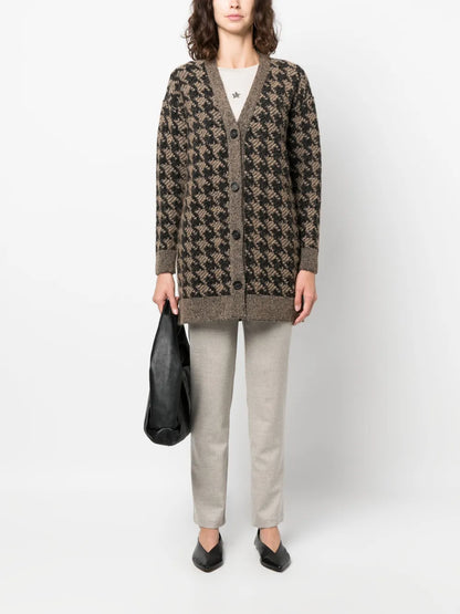 Houndstooth-Pattern Knitted Cardigan