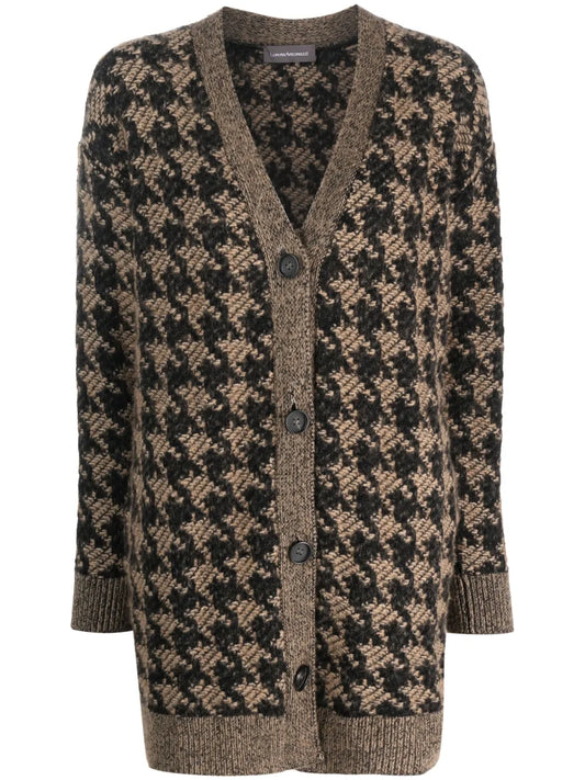 Houndstooth-Pattern Knitted Cardigan