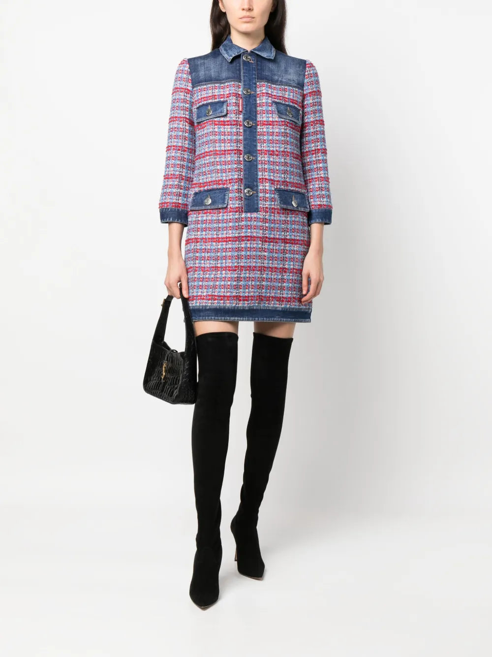 Panelled Tweed Denim Mini Dress