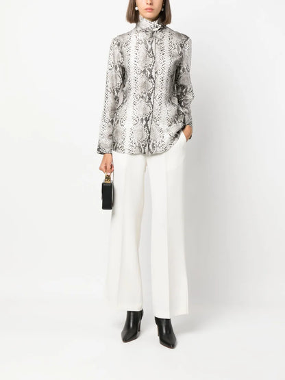 Snakeskin-Print High-Neck Silk Shirt