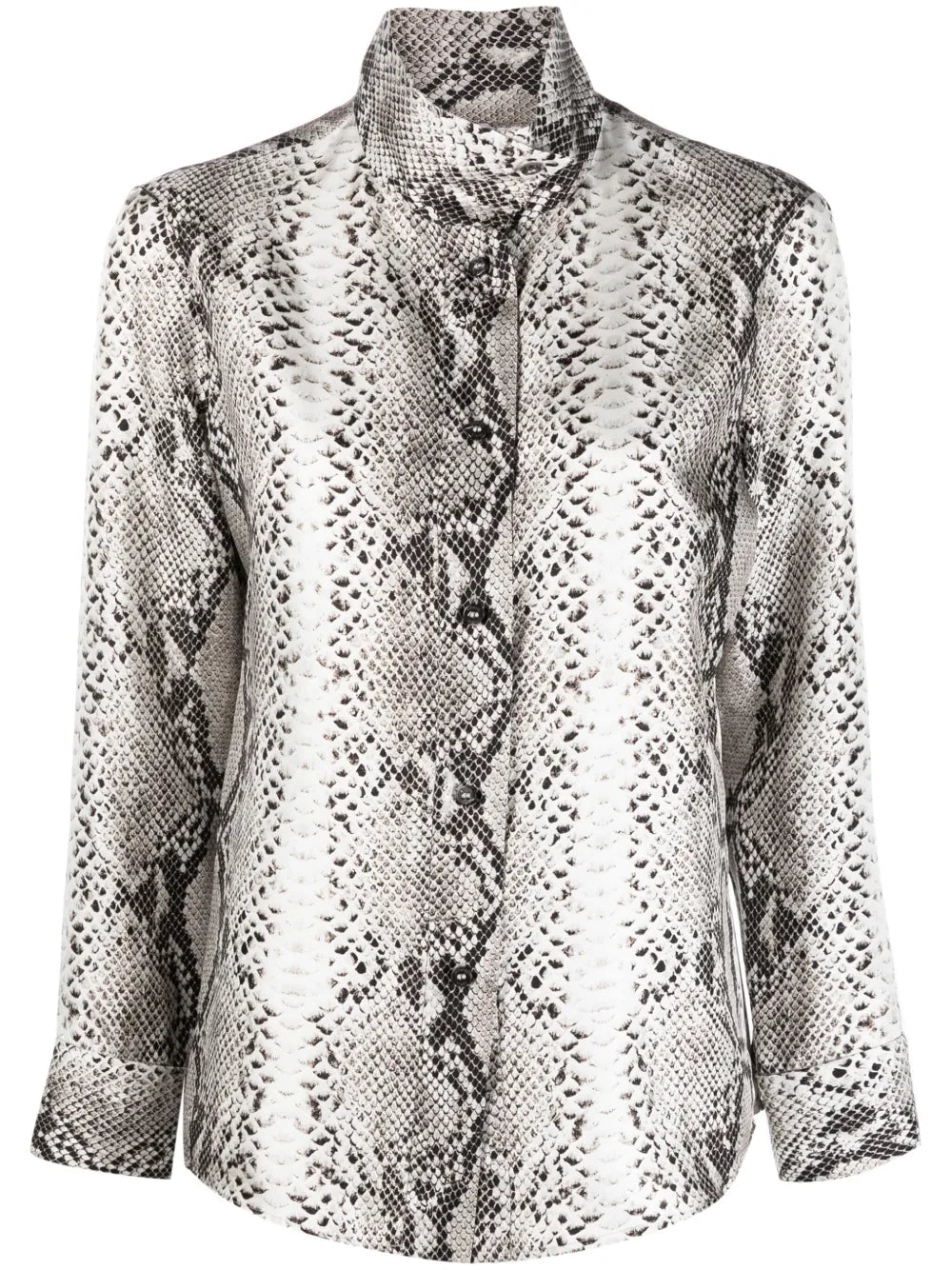 Snakeskin-Print High-Neck Silk Shirt