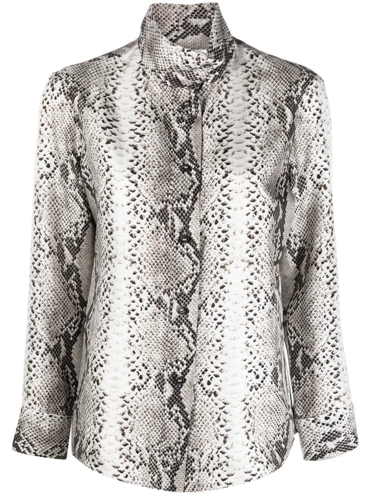 Snakeskin-Print High-Neck Silk Shirt