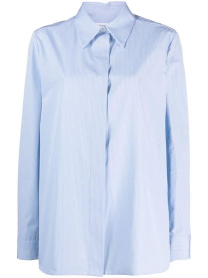 Concealed-Fastening Striped Cotton Shirt