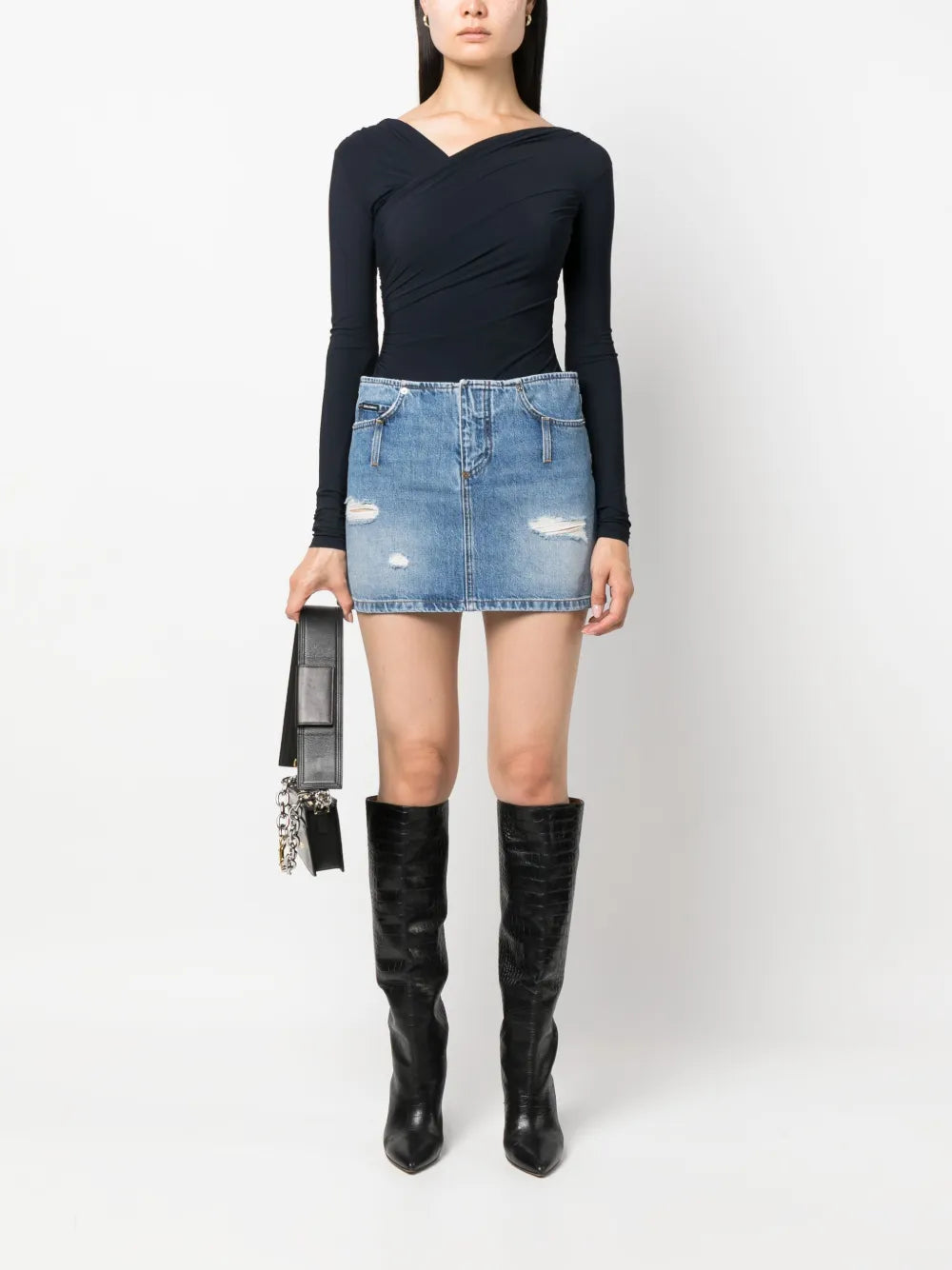Distressed-Effect Denim Miniskirt