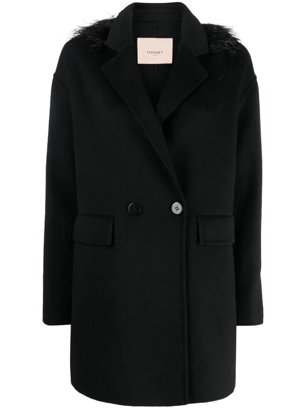 Feather-Trim Double-Breasted Coat