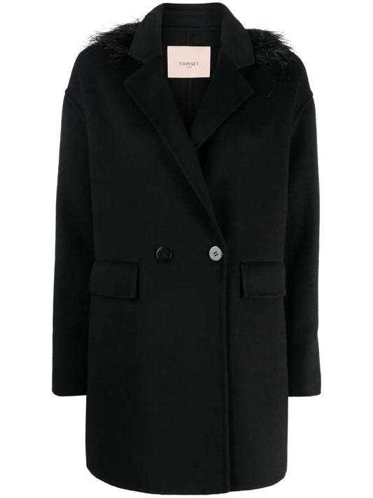 Feather-Trim Double-Breasted Coat