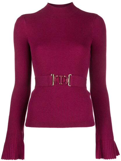 Belted-Waist Knitted Jumper