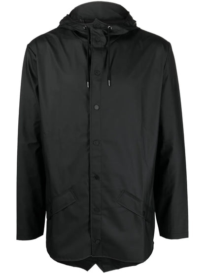 Drawstring-Hooded Buttoned Rain Jacket