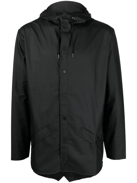 Drawstring-Hooded Buttoned Rain Jacket