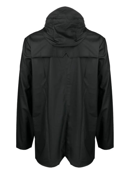 Drawstring-Hooded Buttoned Rain Jacket