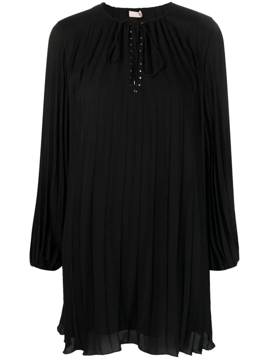 Tie-Fastening Crepe Pleated Minidress