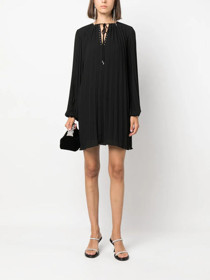 Tie-Fastening Crepe Pleated Minidress