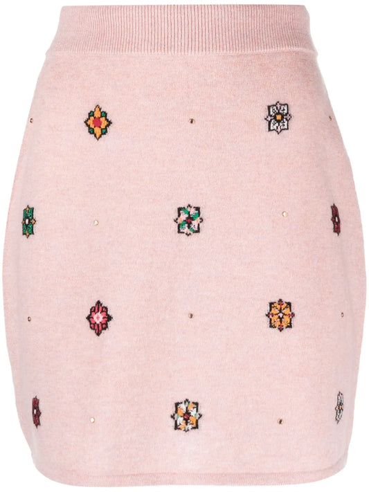 Floral-Motif Cashmere-Cotton Straight Skirt