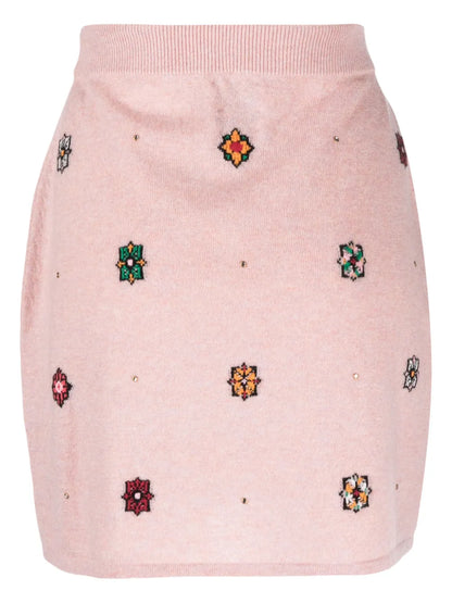 Floral-Motif Cashmere-Cotton Straight Skirt
