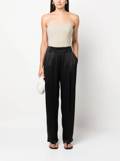 Pleat-Detail Wide-Leg Silk Trousers
