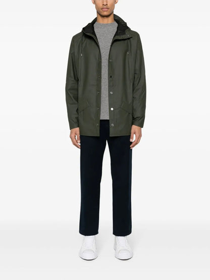 Drawstring-Hood Buttoned Rain Jacket