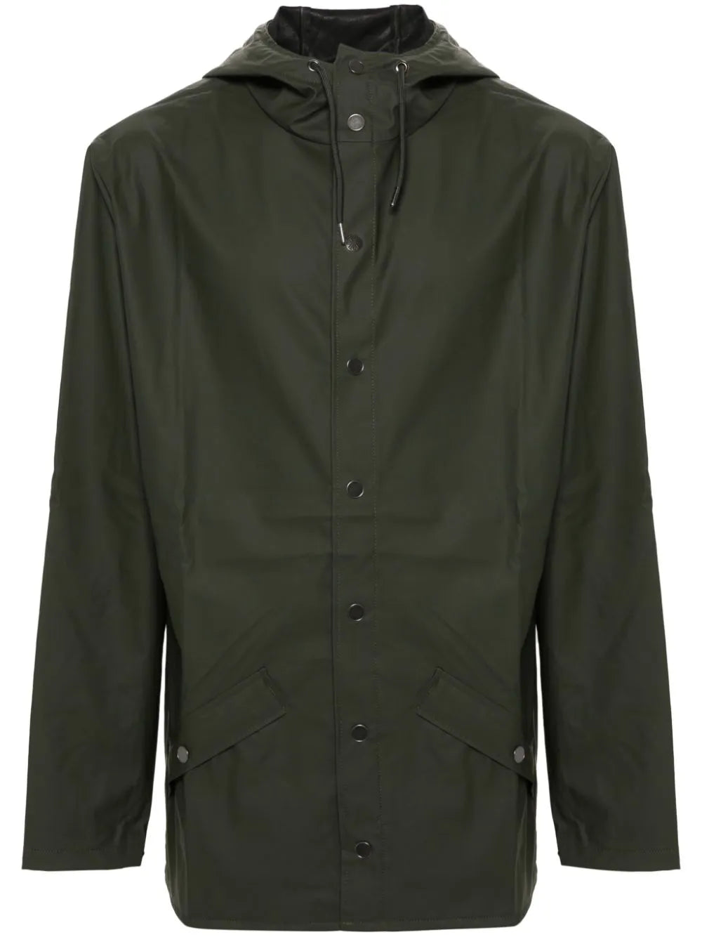 Drawstring-Hood Buttoned Rain Jacket