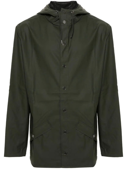 Drawstring-Hood Buttoned Rain Jacket