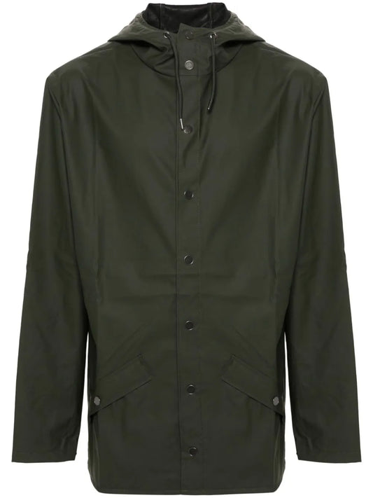Drawstring-Hood Buttoned Rain Jacket