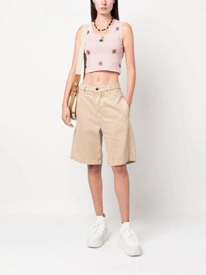 Floral-Motif Cropped Knitted Top