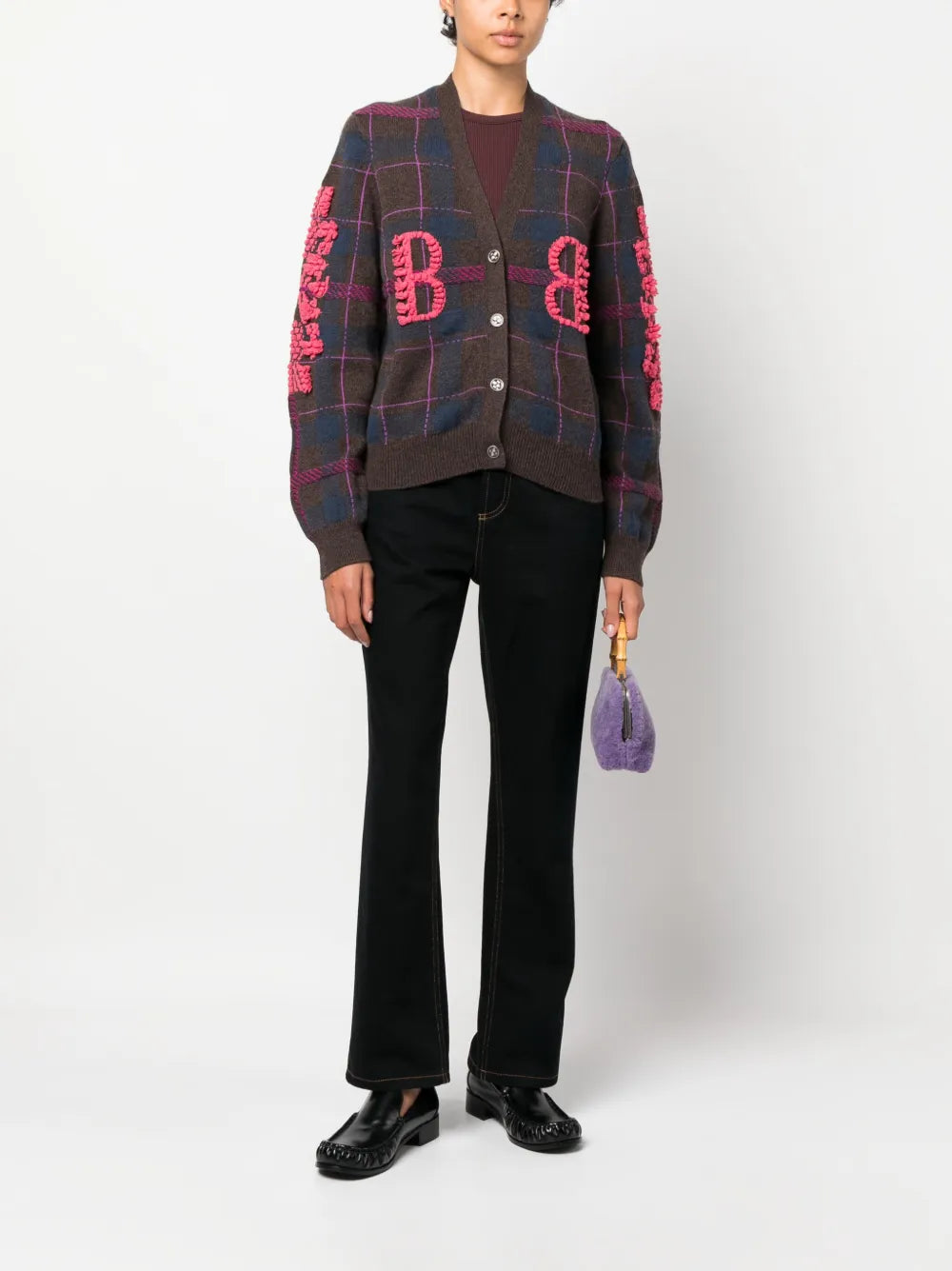 Logo-Embossed Tartan-Pattern Cashmere Cardigan