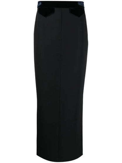 Faux-Pocket Velvet-Trim Maxi Skirt