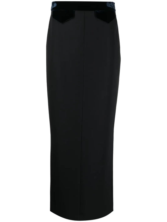 Faux-Pocket Velvet-Trim Maxi Skirt