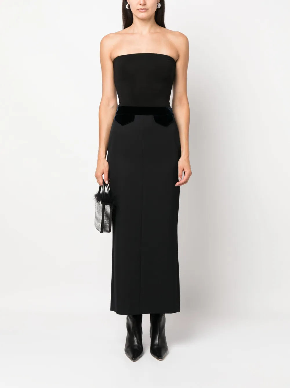 Faux-Pocket Velvet-Trim Maxi Skirt