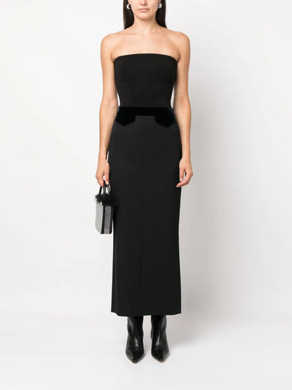 Faux-Pocket Velvet-Trim Maxi Skirt