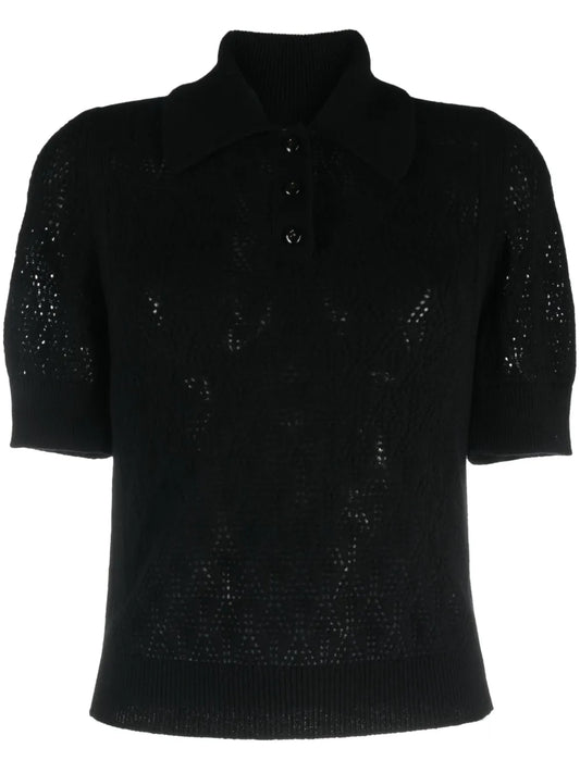 Pointelle-Knit Cashmere Polo Top