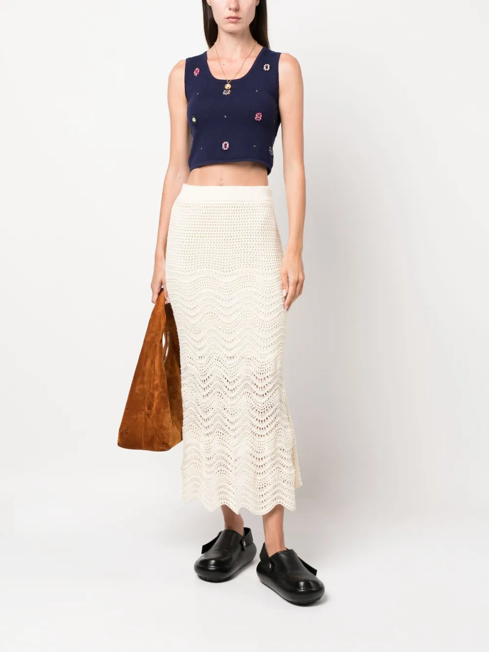 Floral-Motif Cropped Knitted Top