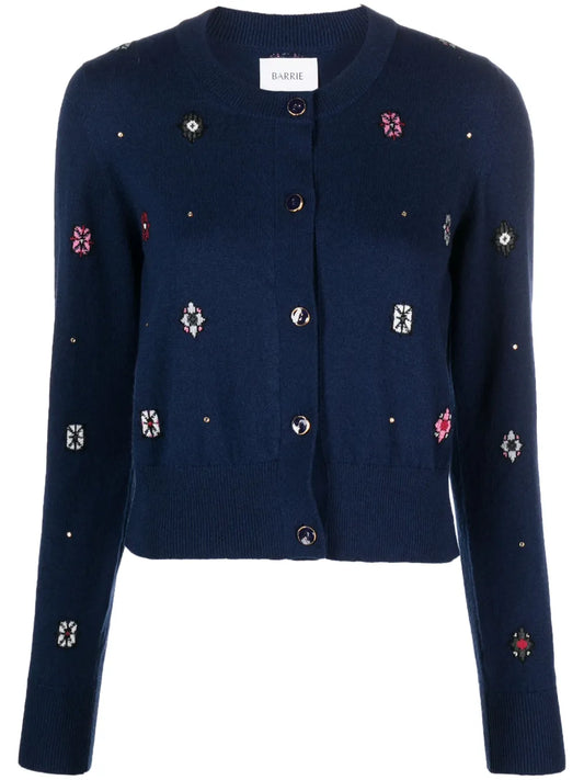 Intarsia-Knit Round-Neck Cardigan