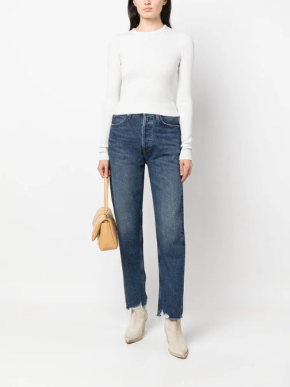 Distressed-Finish Straight-Leg Jeans