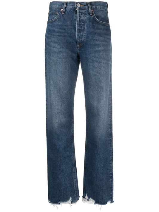 Distressed-Finish Straight-Leg Jeans